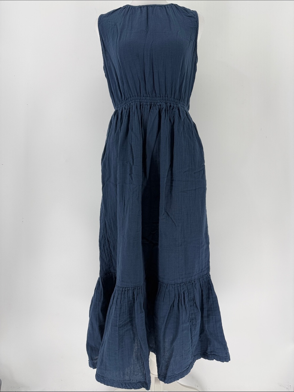 Pact Organic Cotton Navy Cutout Maxi Dress Size Medium Tiered Boho